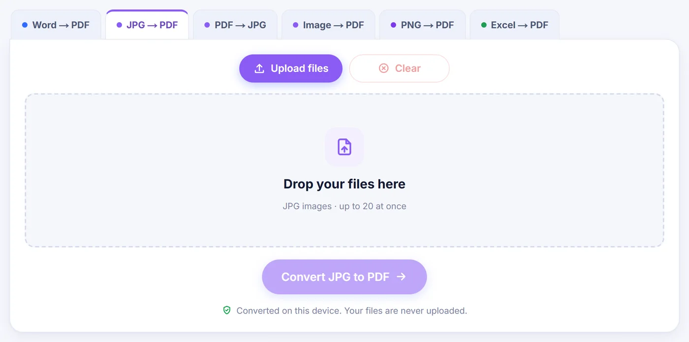 Empty converter with the JPG to PDF tab selected, an Upload files button, a drop area for up to 20 JPG images and a greyed-out convert button